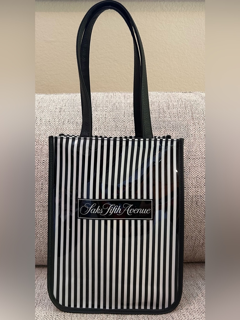 Saks Fifth Avenue Signature Black and White Vertical Stripe Glossy Tote